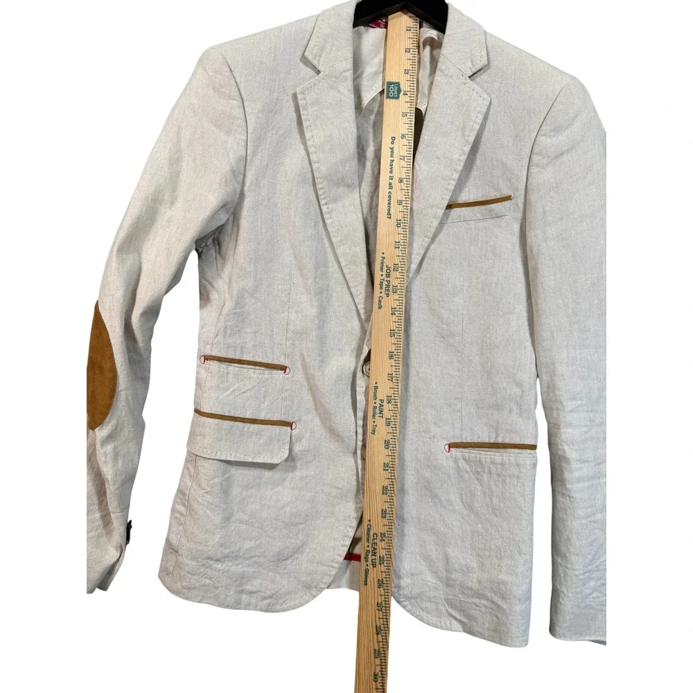 Zara Man Blazer 36 Beige Elbow Patches Denim Couture Academia Preppy Linen Blend